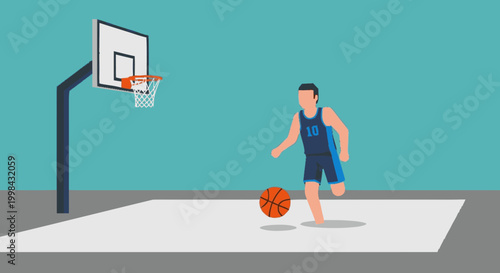 Basketball player dribbling ball on court in flat vector style