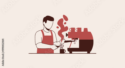 Barista making espresso with professional machine flat illustration