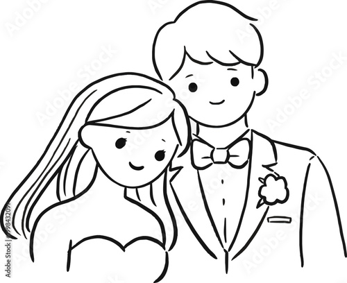Cute Bride and Groom with Bouquet Wedding Illustration