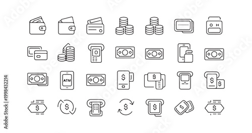 Financial and banking line icon set including wallet, credit card, coins, ATM, and cash symbols