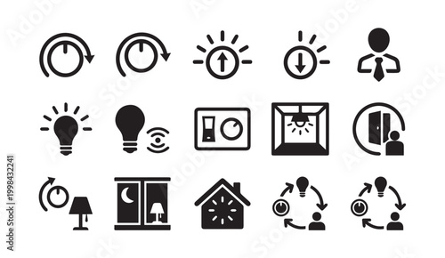 Smart home lighting and automation glyph icon set with lighting, automation