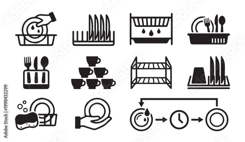 Dishwashing and kitchenware organization glyph icon set with dishwashing