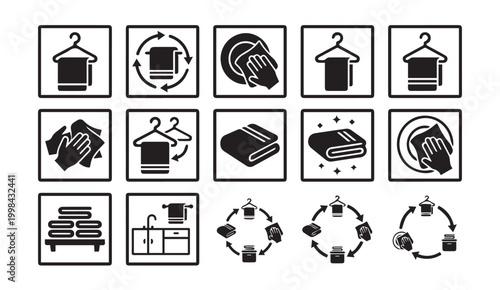 Set of towel care and household cleaning icons for laundry maintenance