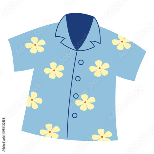 Blue Hawaiian aloha shirt with floral print, vector flat illustration of summer fashion clothing for beach travel design