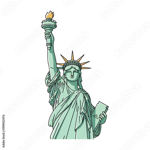 Illustration of Statue of Liberty holding torch and tablet, isolated on white background