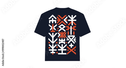 Black t-shirt featuring vertical geometric symbols in white and orange