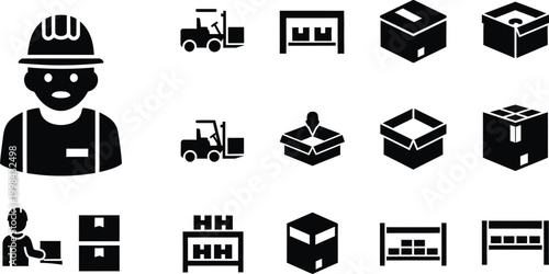 Construction and logistics icons workers trucks pallets and boxes