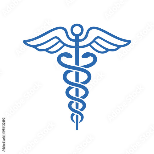 Blue medical caduceus symbol with wings and snakes  healthcare icon.