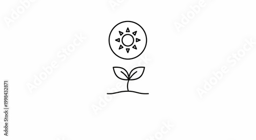 Minimalist icon of sun and sprouting plant, symbolizing growth and nature
