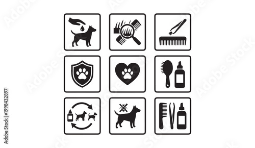 Dog grooming and care icons vector set washing brushing health checks