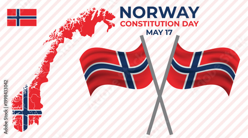 Norway Constitution Day May 17 Vector Illustration with Norwegian Flag, Nordic Cross, Map, and 3D Elements, National Holiday Greeting Card Banner Template Design