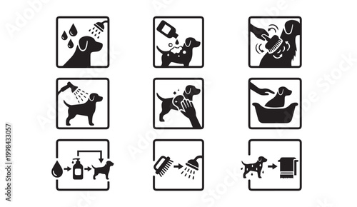 Dog bathing and washing procedure icons, showing steps from showering to drying