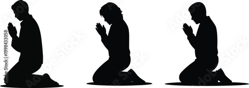 Praying people silhouette set, kneeling men and women in prayer pose, spiritual devotion and worship concept – vector illustration