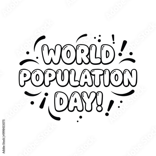 World Population Day awareness campaign logo with exclamation marks and decorative elements.