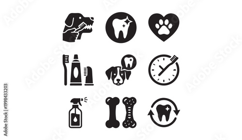Dog dental care icon set for canine oral health and hygiene with toothbrush