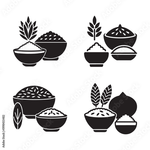 Black and white illustrations of various rice and grain bowls with leaves  food and ingredient icons