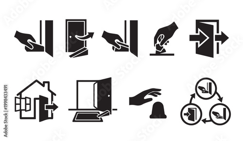 Door access control entry exit and stopper icons with security, movement