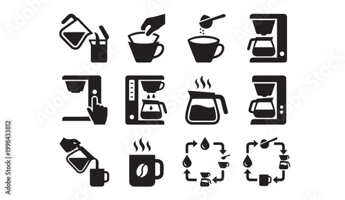 Coffee brewing process and machine operation instructions icons with caffeine