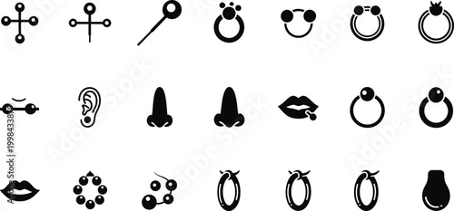 Collection of black body piercing jewelry icons on a white background