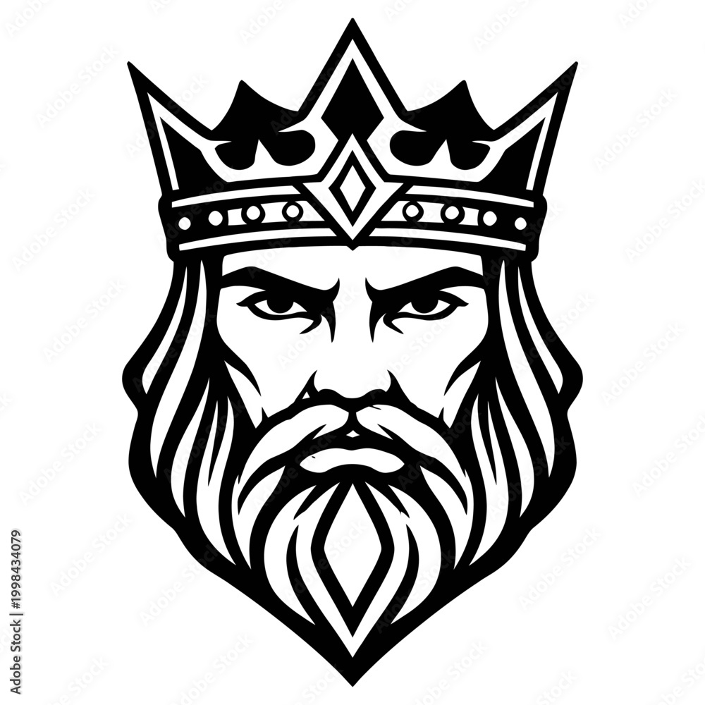 Fototapeta premium A regal king with crown and beard looks forward sternly in illustration