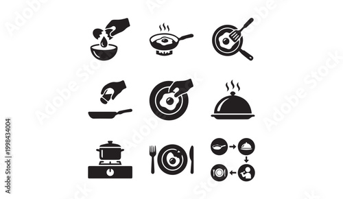 Fried egg cooking process and breakfast preparation steps pictogram icon set