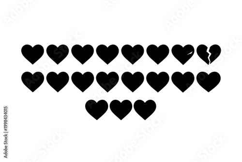 A collection of heart icons, with one heart broken and cracked, symbolizing love, sadness, and relationship issues in a graphic representation