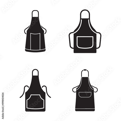 Black aprons with white outlines in different styles and designs for cooking and kitchen use  various apron silhouettes with pockets and straps