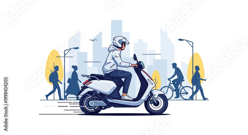 Modern illustration of a person riding an electric scooter through a busy urban city street.