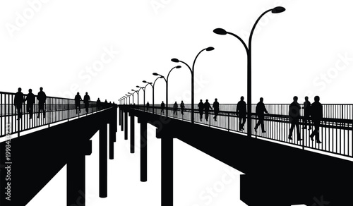 Foto silhouette of a bridge with people walking street lamps and railings against a w