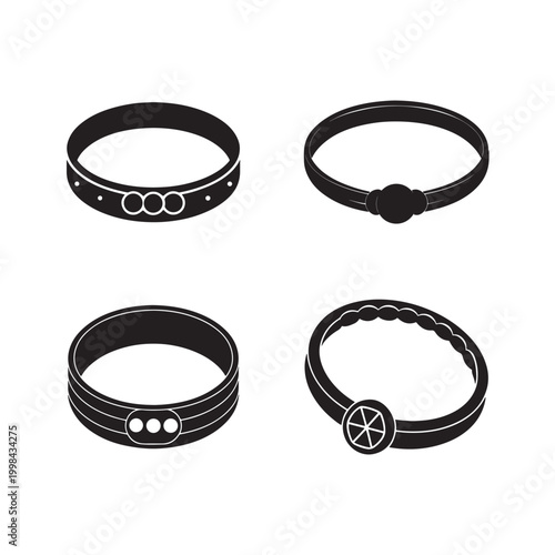 Black bracelets with various designs and patterns isolated on white background  fashion jewelry accessories