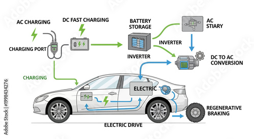 Diagram of electric vehicle charging and power flow system