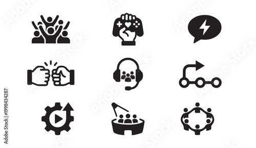 Gaming teamwork community and e sports competition icon set with community