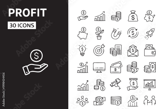 A dynamic video compilation of financial success and profit outline icons illustrating various business concepts like growth, investment, and earnings with smooth motion graphics.
