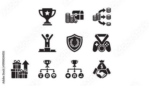 Achievement reward and financial success business icon collection with treasure