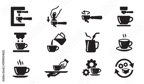 Professional coffee preparation and barista brewing process icons with espresso