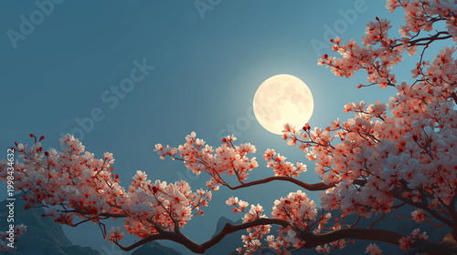 Serene Blossom at Dusk: A breathtaking scene unfolds as cherry blossoms in full bloom frame a radiant full moon in the twilight sky. 