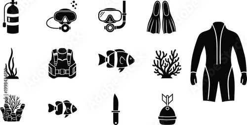 Set of black scuba diving and snorkeling equipment icons for ocean and sea water sports