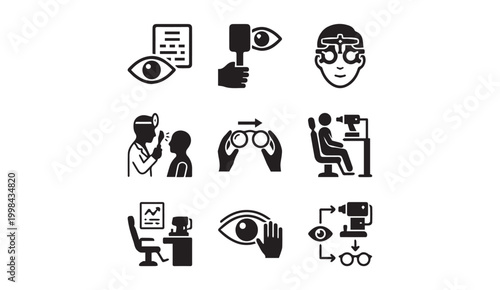 Ophthalmology eye care and optometry vision exam icon set with optometry