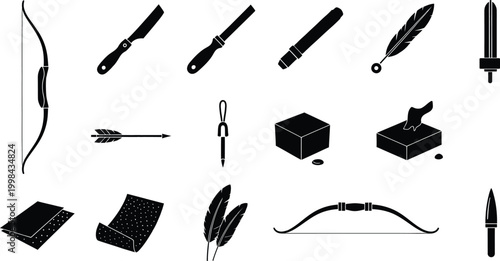 Set of black silhouette icons featuring various medieval weapons and writing tools