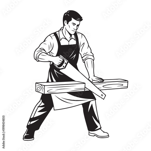 Male carpenter sawing a wood plank vector illustration isolated on white background