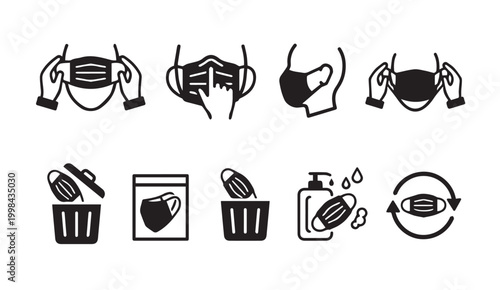Face mask usage and safe disposal glyph icons with protection, disposal