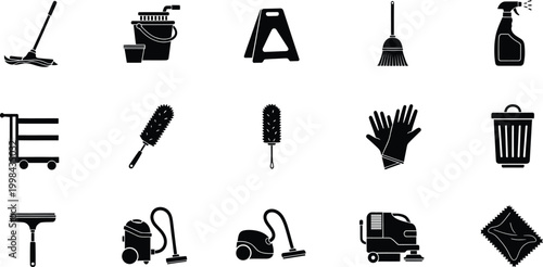 Set of black cleaning service icons including vacuum mop broom and housekeeping tools
