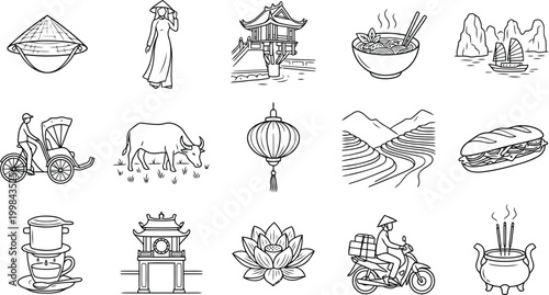 Vietnamese culture and travel icons set traditional symbols of vietnam food, landmarks, daily life, and nature