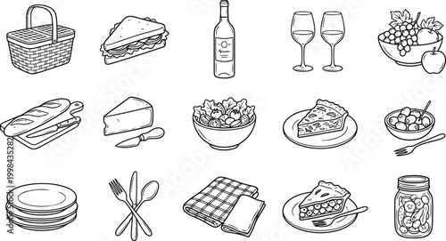 Picnic food and accessories line art set handdrawn outline icons collection