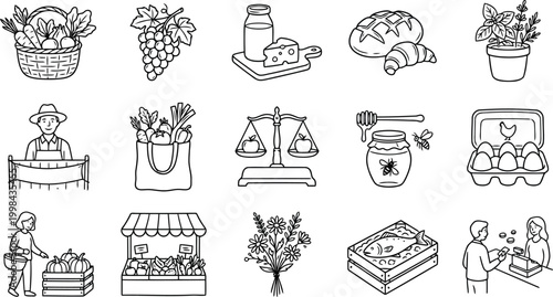 Farmers market line art icons set hand drawn farm fresh food and local produce doodles isolated