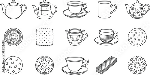Set of tea time icons, including teapots, cups, tea infusers, and various cookies and biscuits