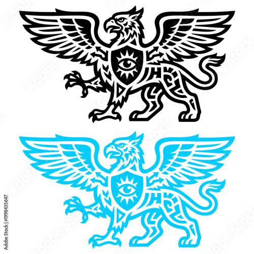 Powerful griffin tribal illustration with shield and eye symbol featuring black and cyan variations for gaming sports and heraldry logos