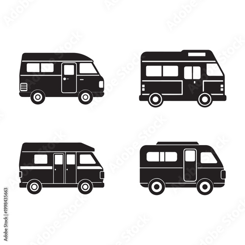 Blackandwhite silhouettes of various campervan designs  different angles  isolated on white background