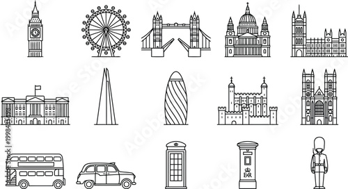 Set of london city landmarks and icons, including big ben, london eye, tower bridge, red bus, and telephone booth