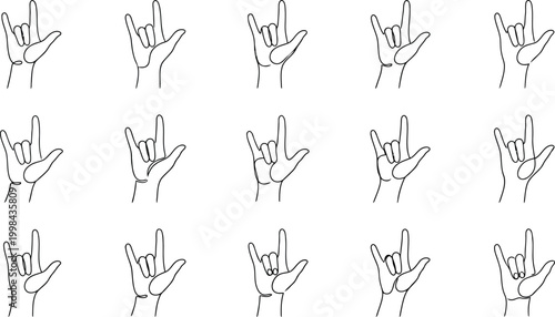 Set of 15 hand gestures in one line drawing style